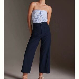 Anthropologie The Colette Wide Leg Blue Cropped Pants 26 Navy Blue Linen Cotton
